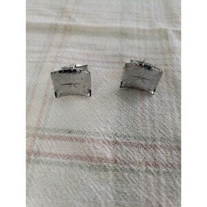 Vintage Swank Men's Cufflinks Concave Polished And Brushed Silver Tone Starburst